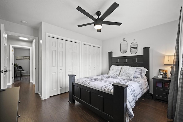 1008 Aspen Dr, Findlay Twp, PA 15126 - bedroom with dark wood-type flooring, multiple closets, and ceiling fan