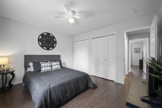 1008 Aspen Dr, Findlay Twp, PA 15126 - bedroom with two closets, wood finished floors, and ceiling fan
