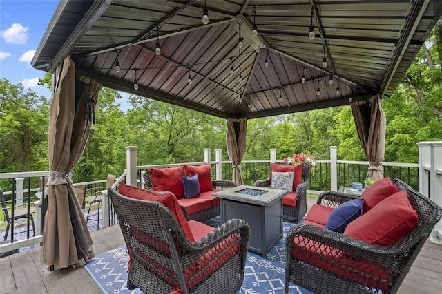 1008 Aspen Dr, Findlay Twp, PA 15126 - wooden deck featuring an outdoor living space with a fire pit, a gazebo, and view of wooded area