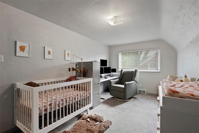 36 Warriors Rd, Green Tree, PA 15205 - bedroom with carpet flooring, a crib, lofted ceiling, and an office area