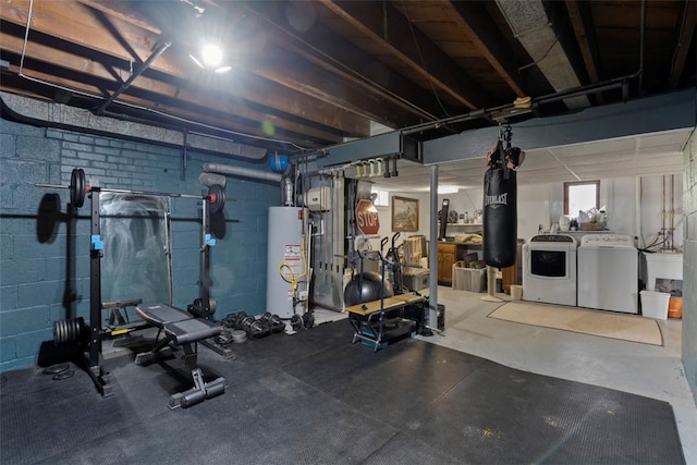 36 Warriors Rd, Green Tree, PA 15205 - workout area with water heater, independent washer and dryer, and concrete block wall