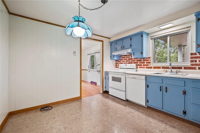 100 Laurel Hill Dr, Pine Twp Nal, PA 15090 - kitchen featuring blue cabinets, white appliances, under cabinet range hood, healthy amount of natural light, and ornamental molding