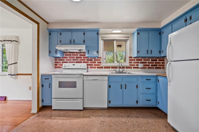 100 Laurel Hill Dr, Pine Twp Nal, PA 15090 - kitchen with white appliances, blue cabinets, under cabinet range hood, and light countertops