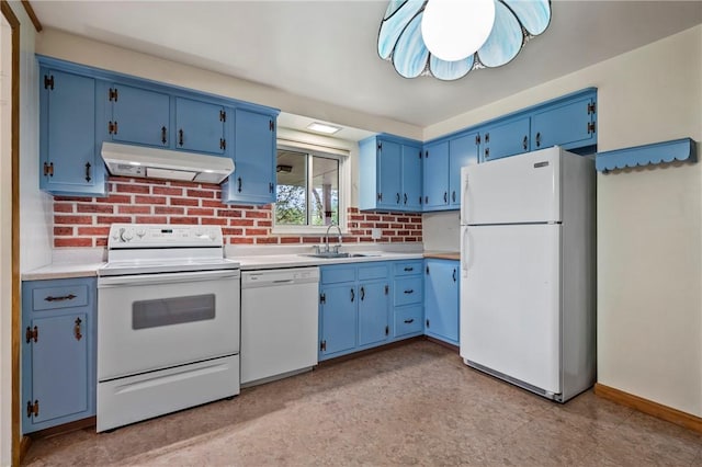 100 Laurel Hill Dr, Pine Twp Nal, PA 15090 - kitchen with white appliances, under cabinet range hood, blue cabinetry, and backsplash