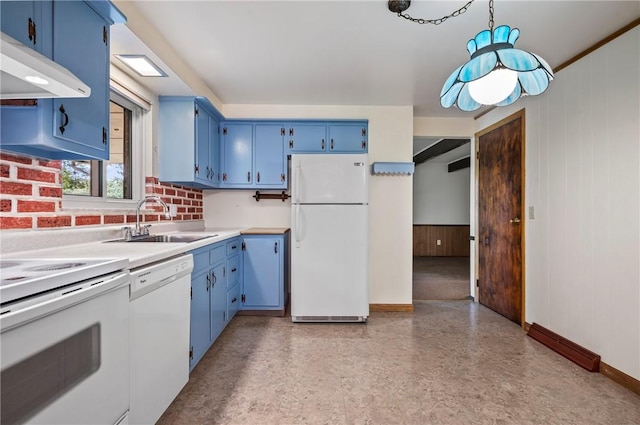 100 Laurel Hill Dr, Pine Twp Nal, PA 15090 - kitchen featuring white appliances, blue cabinets, under cabinet range hood, light countertops, and wooden walls