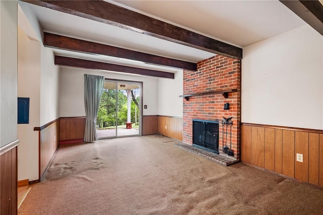 100 Laurel Hill Dr, Pine Twp Nal, PA 15090 - unfurnished living room with wainscoting, wooden walls, a brick fireplace, carpet, and beamed ceiling