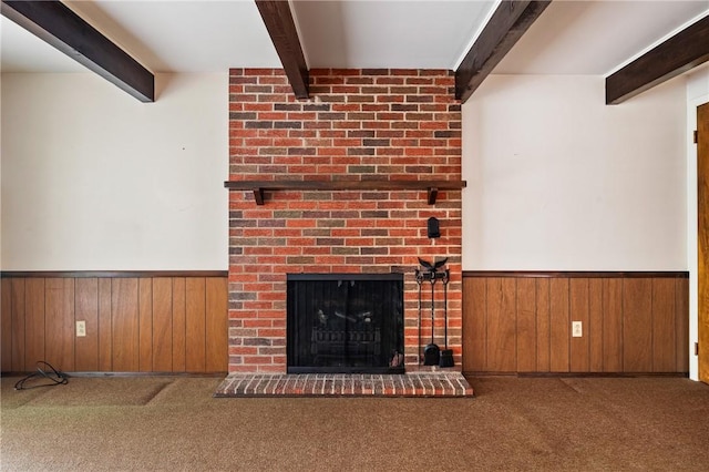 100 Laurel Hill Dr, Pine Twp Nal, PA 15090 - unfurnished living room with beamed ceiling, carpet flooring, wainscoting, a fireplace, and wood walls