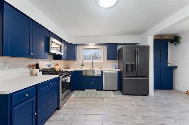 624 S Darby Rd, Hermitage, PA 16148 - kitchen featuring stainless steel appliances, blue cabinetry, decorative backsplash, and light countertops