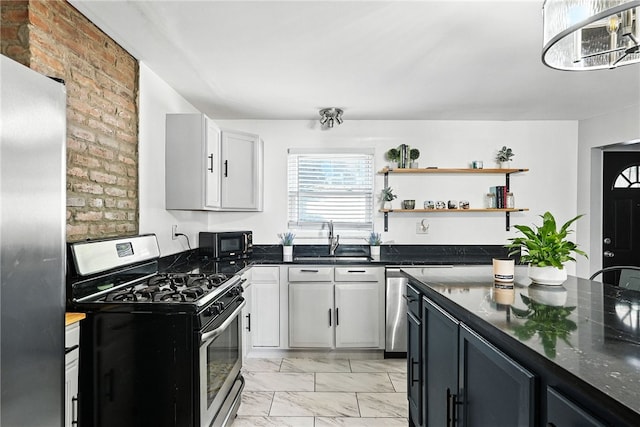 2740 Shelly St, South Side, PA 15203 - kitchen with stainless steel appliances, light marble finish flooring, open shelves, and white cabinets