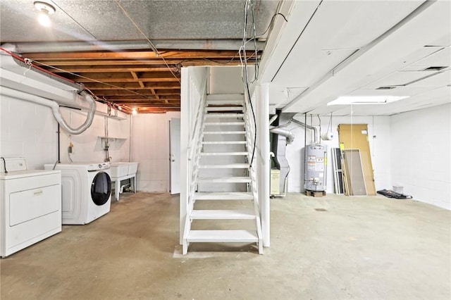 1154 Bucknell, Monroeville, PA 15146 - unfinished basement with water heater, washing machine and dryer, stairs, and heating unit