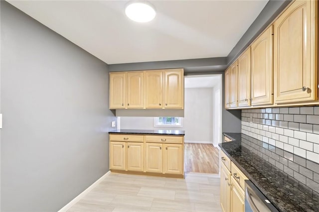 1154 Bucknell, Monroeville, PA 15146 - kitchen featuring light brown cabinets, dark stone counters, decorative backsplash, and stainless steel dishwasher