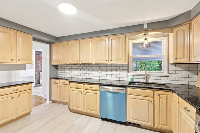 1154 Bucknell, Monroeville, PA 15146 - kitchen featuring dishwasher, light brown cabinetry, decorative backsplash, and dark stone counters