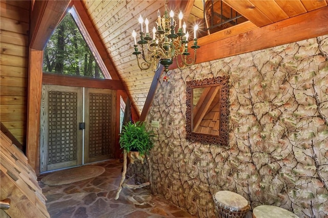 890 Pearce Mill Rd, Pine Twp Nal, PA 15090 - interior space featuring a chandelier, lofted ceiling, and stone flooring