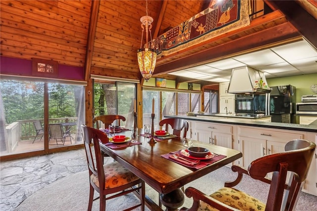 890 Pearce Mill Rd, Pine Twp Nal, PA 15090 - dining area featuring stone finish flooring, wood ceiling, and high vaulted ceiling