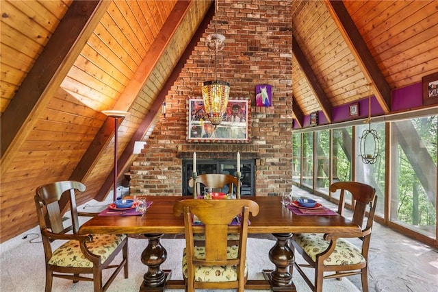 890 Pearce Mill Rd, Pine Twp Nal, PA 15090 - dining space with wooden ceiling, a brick fireplace, and brick wall
