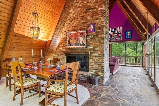 890 Pearce Mill Rd, Pine Twp Nal, PA 15090 - dining area featuring high vaulted ceiling, a wood ceiling with exposed beams, stone flooring, and a brick fireplace