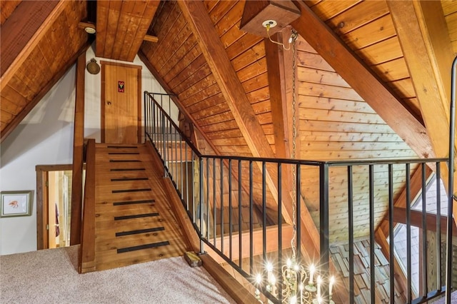 890 Pearce Mill Rd, Pine Twp Nal, PA 15090 - stairs featuring wood ceiling, lofted ceiling, and carpet flooring