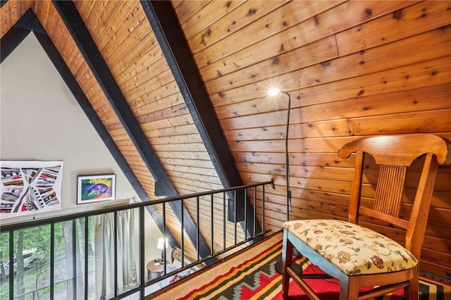890 Pearce Mill Rd, Pine Twp Nal, PA 15090 - living area featuring wooden ceiling, carpet flooring, and an upstairs landing