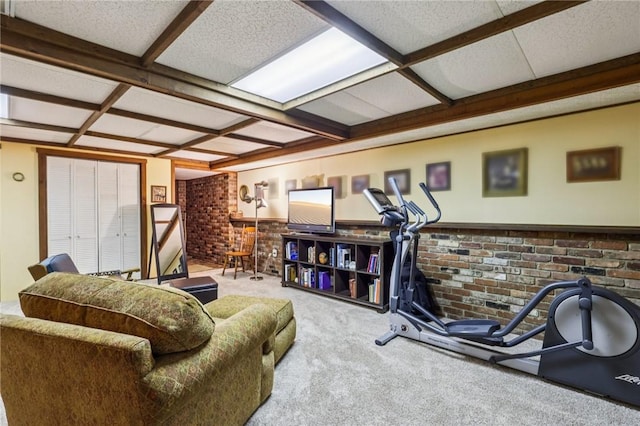 890 Pearce Mill Rd, Pine Twp Nal, PA 15090 - exercise room featuring carpet floors, coffered ceiling, a wainscoted wall, and brick wall