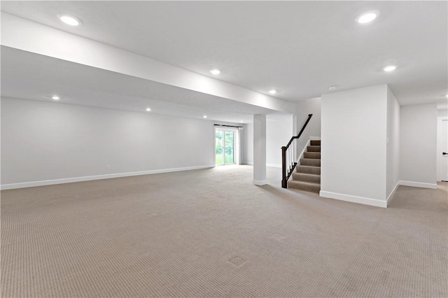 107 Abigail Dr, Adams Twp, PA 16046 - basement featuring light colored carpet, recessed lighting, and stairs
