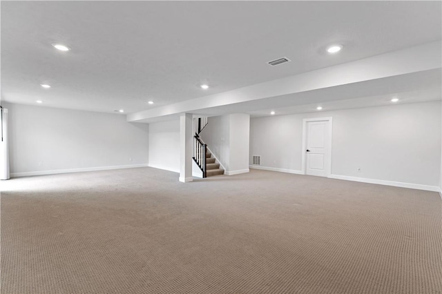 107 Abigail Dr, Adams Twp, PA 16046 - finished basement with stairs, recessed lighting, and carpet flooring