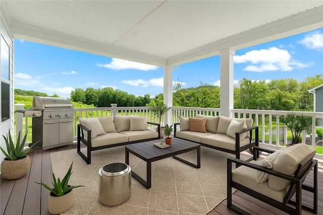 107 Abigail Dr, Adams Twp, PA 16046 - wooden terrace with outdoor lounge area, a grill, and view of scattered trees