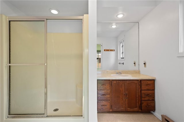 138 Link Ave, Ross Twp, PA 15237 - bathroom with a stall shower, vanity, a baseboard heating unit, and recessed lighting