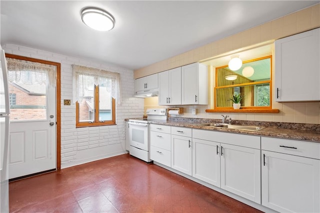138 Link Ave, Ross Twp, PA 15237 - kitchen with white range with electric stovetop, under cabinet range hood, white cabinetry, dark floors, and dark stone counters