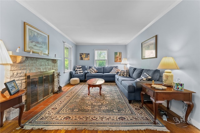 221 Springer, Moon/Crescent Twp, PA 15108 - living room featuring crown molding, a fireplace, and wood finished floors