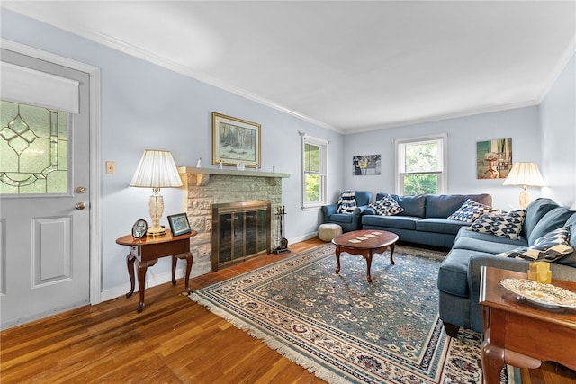 221 Springer, Moon/Crescent Twp, PA 15108 - living area featuring wood finished floors, ornamental molding, and a fireplace