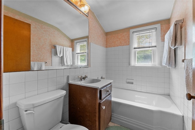 221 Springer, Moon/Crescent Twp, PA 15108 - bathroom featuring tile walls, healthy amount of natural light, a garden tub, vanity, and vaulted ceiling
