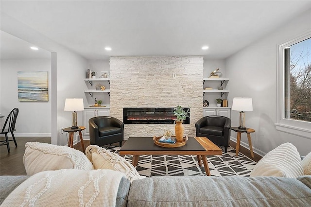 1171 Arrowood Dr, Mt Lebanon, PA 15243 - living area featuring wood finished floors, a fireplace, and recessed lighting