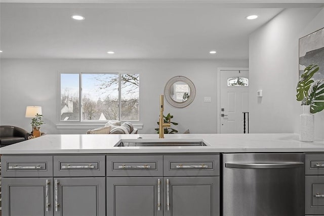 1171 Arrowood Dr, Mt Lebanon, PA 15243 - kitchen with stainless steel dishwasher, gray cabinets, and recessed lighting
