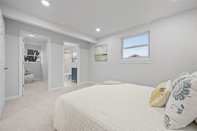 1171 Arrowood Dr, Mt Lebanon, PA 15243 - bedroom featuring light carpet, connected bathroom, and recessed lighting