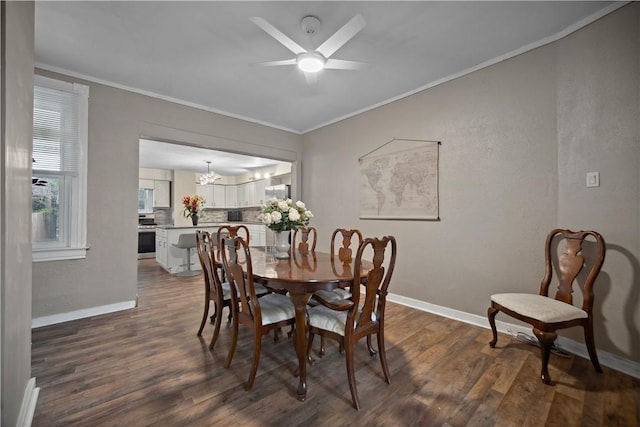 3103 Shadeland Ave, Brighton Heights, PA 15212 - dining area featuring dark wood-style flooring, crown molding, a chandelier, and ceiling fan