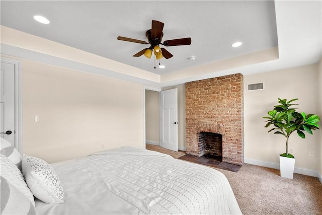 445/447 Georgetown Rd, Cecil, PA 15055 - bedroom with a fireplace, carpet flooring, a raised ceiling, recessed lighting, and ceiling fan