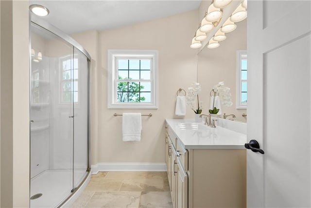 445/447 Georgetown Rd, Cecil, PA 15055 - full bathroom featuring vanity, a shower stall, and a chandelier