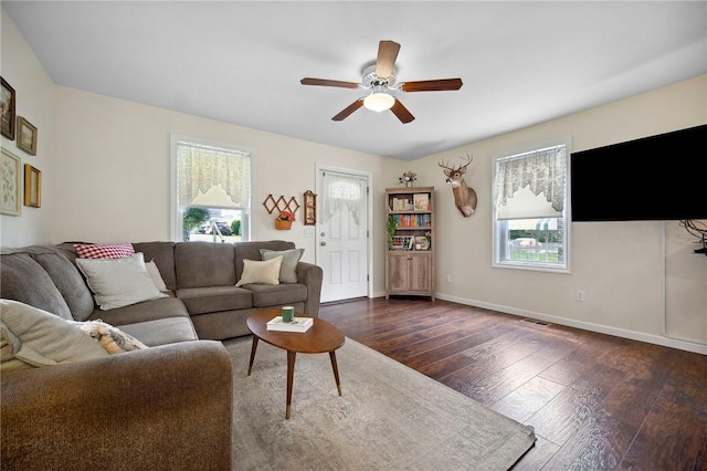 237 Prichard Ave, Centerville, PA 15358 - living room with healthy amount of natural light, a ceiling fan, and dark wood-type flooring