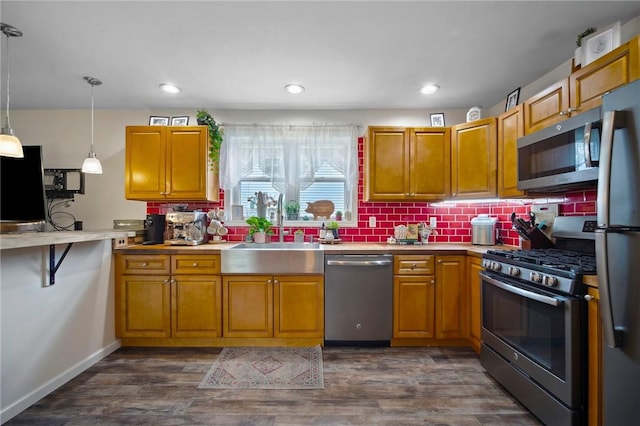 237 Prichard Ave, Centerville, PA 15358 - kitchen featuring appliances with stainless steel finishes, decorative backsplash, light countertops, dark wood-type flooring, and recessed lighting