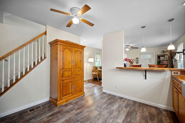 237 Prichard Ave, Centerville, PA 15358 - kitchen featuring a ceiling fan, dark wood-type flooring, pendant lighting, and butcher block counters