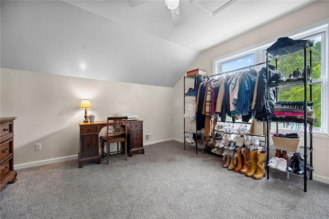 237 Prichard Ave, Centerville, PA 15358 - walk in closet with vaulted ceiling, carpet flooring, and ceiling fan