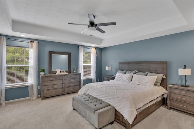 2278 Flint Dr, South Strabane, PA 15301 - bedroom featuring a raised ceiling, light carpet, a ceiling fan, and recessed lighting