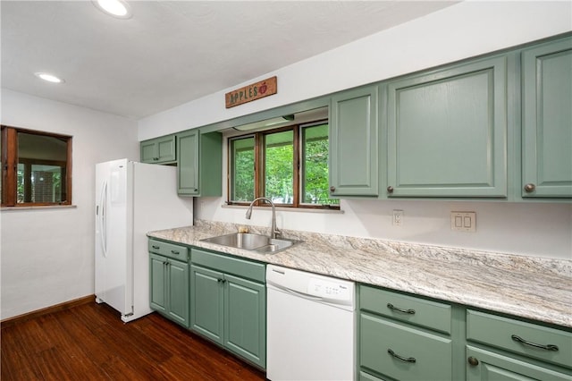 1833 Allison Ave, Mccandless, PA 15101 - kitchen featuring white appliances, green cabinetry, dark wood-style floors, and recessed lighting