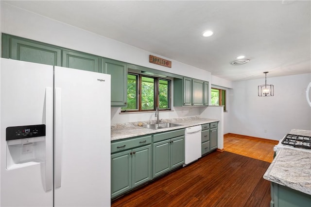 1833 Allison Ave, Mccandless, PA 15101 - kitchen featuring white appliances, green cabinetry, light countertops, dark wood-style flooring, and recessed lighting