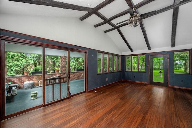 1833 Allison Ave, Mccandless, PA 15101 - empty room featuring wood finished floors, plenty of natural light, ceiling fan, beamed ceiling, and high vaulted ceiling