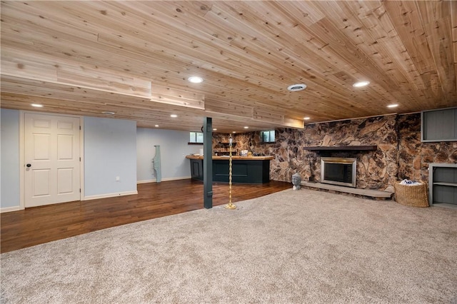 1833 Allison Ave, Mccandless, PA 15101 - unfurnished living room featuring carpet, a fireplace, recessed lighting, wood ceiling, and wood finished floors