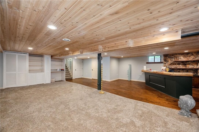 1833 Allison Ave, Mccandless, PA 15101 - basement featuring carpet flooring, stairway, recessed lighting, wood ceiling, and wood finished floors