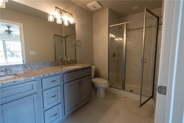 740 Sandstone Way, Rostraver, PA 15012 - full bath featuring a shower stall, marble look tile flooring, double vanity, and a ceiling fan