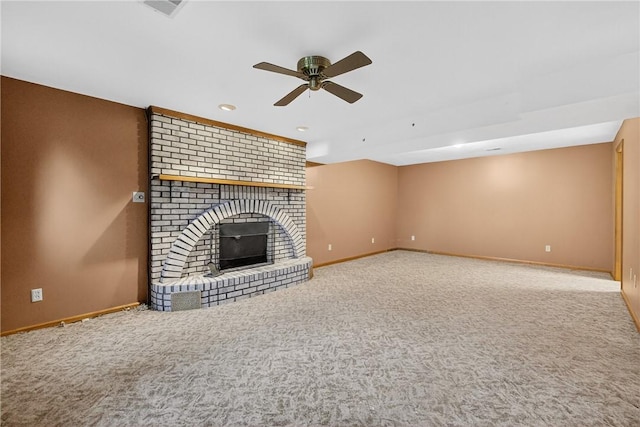 228 Bowman Rd, South Fayette, PA 15017 - unfurnished living room with ceiling fan, carpet flooring, recessed lighting, and a brick fireplace