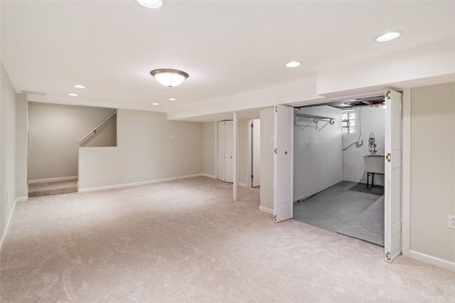 200 Anderson Pl, Shaler, PA 15116 - below grade area with light colored carpet, recessed lighting, and stairs